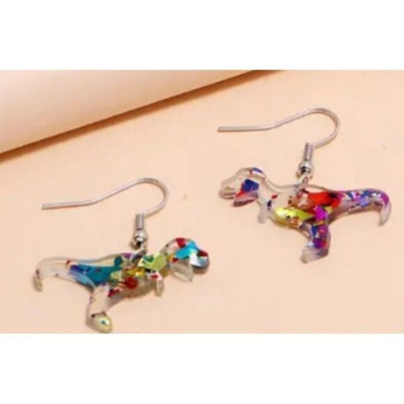 New! Adorable T-Rex Dinosaur Colorful Acrylic Foil Filled Cute Dangle Earrings N - Picture 1 of 3